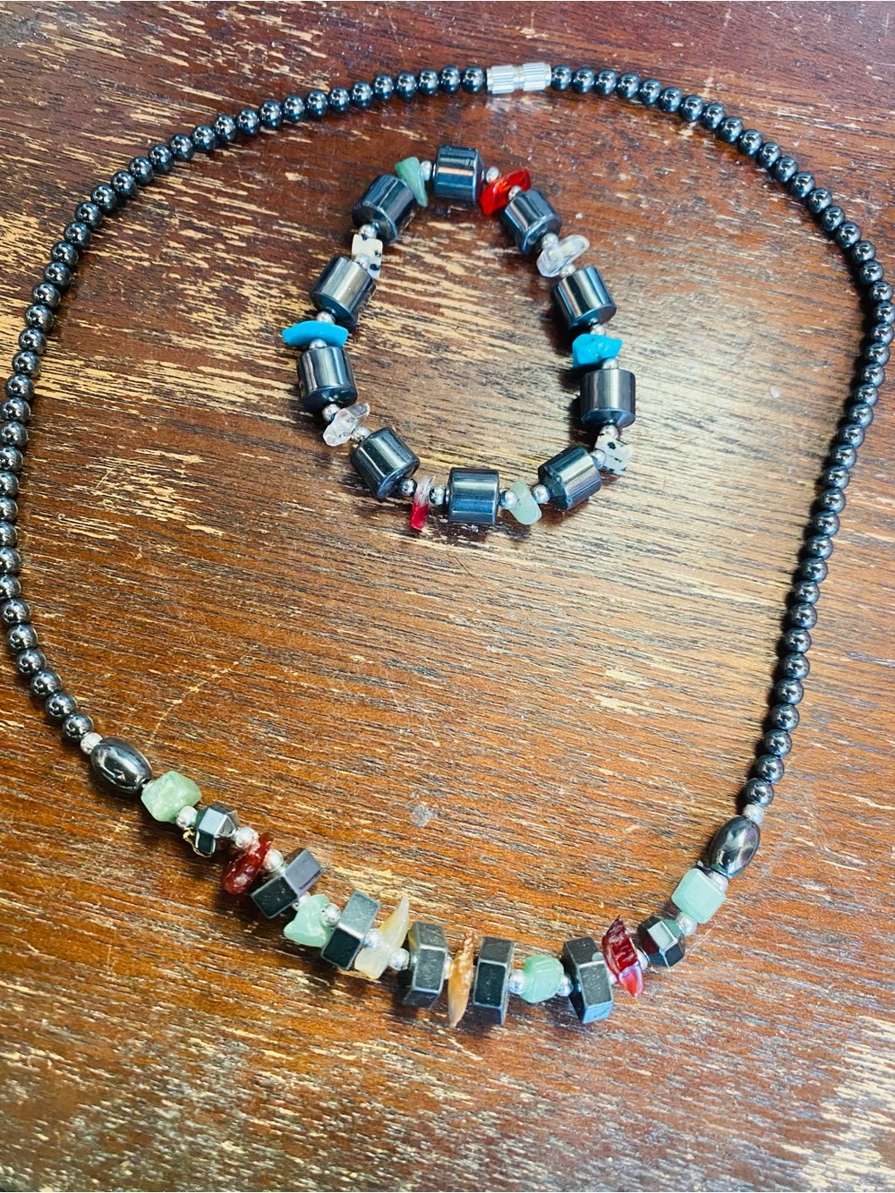 Men's Hematite Bead Necklace and Bracelet Set with Multi-Color Accents